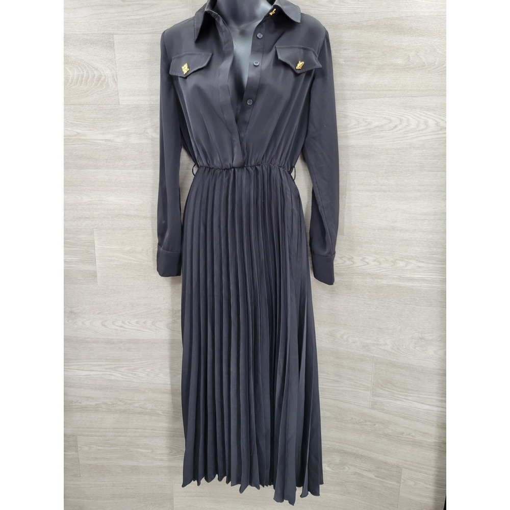 NWT Commense Long Dress‎ Women's XS Black Pleated Long Sleeve Button Front